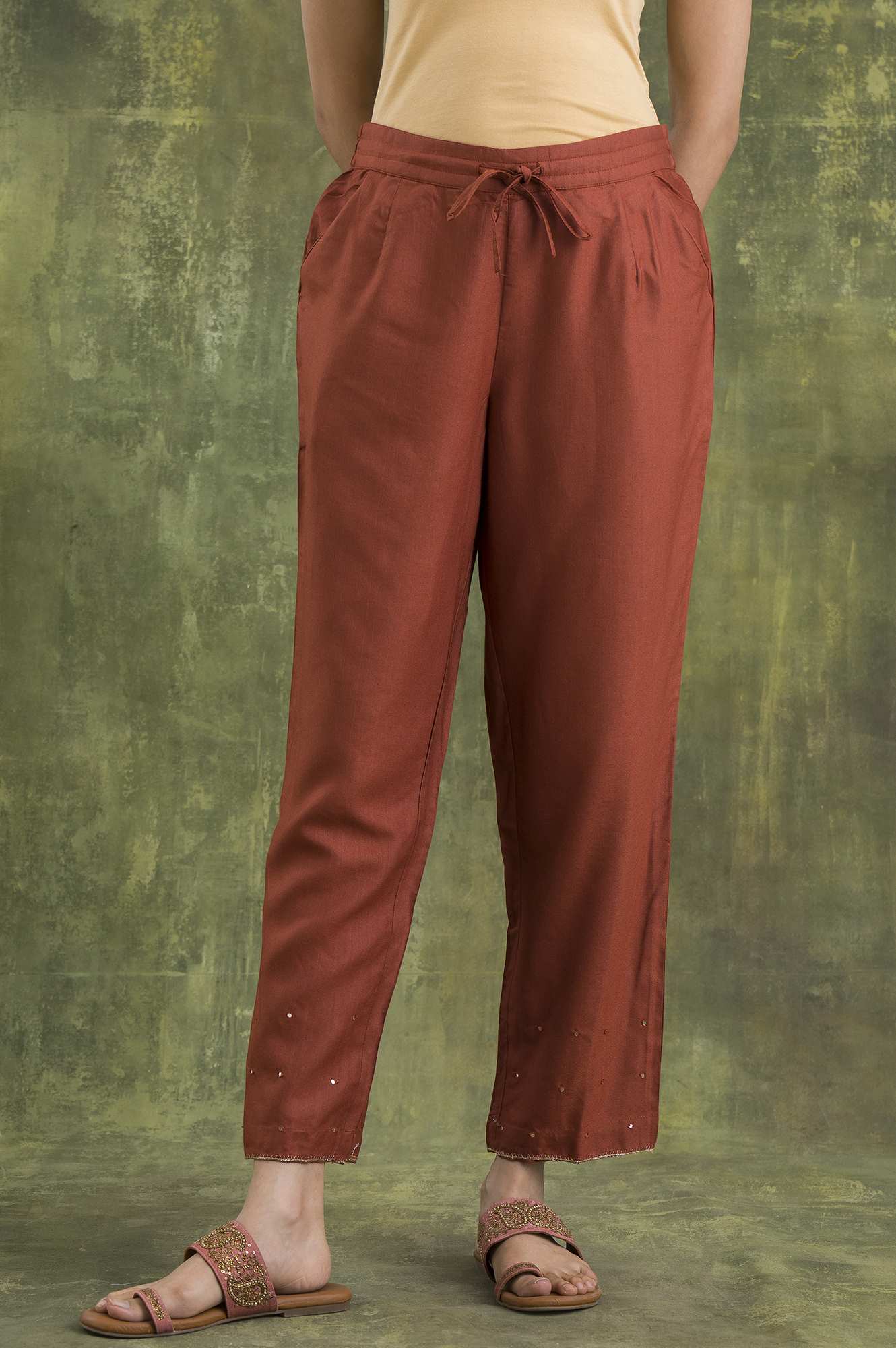 Red Solid Straight Pants