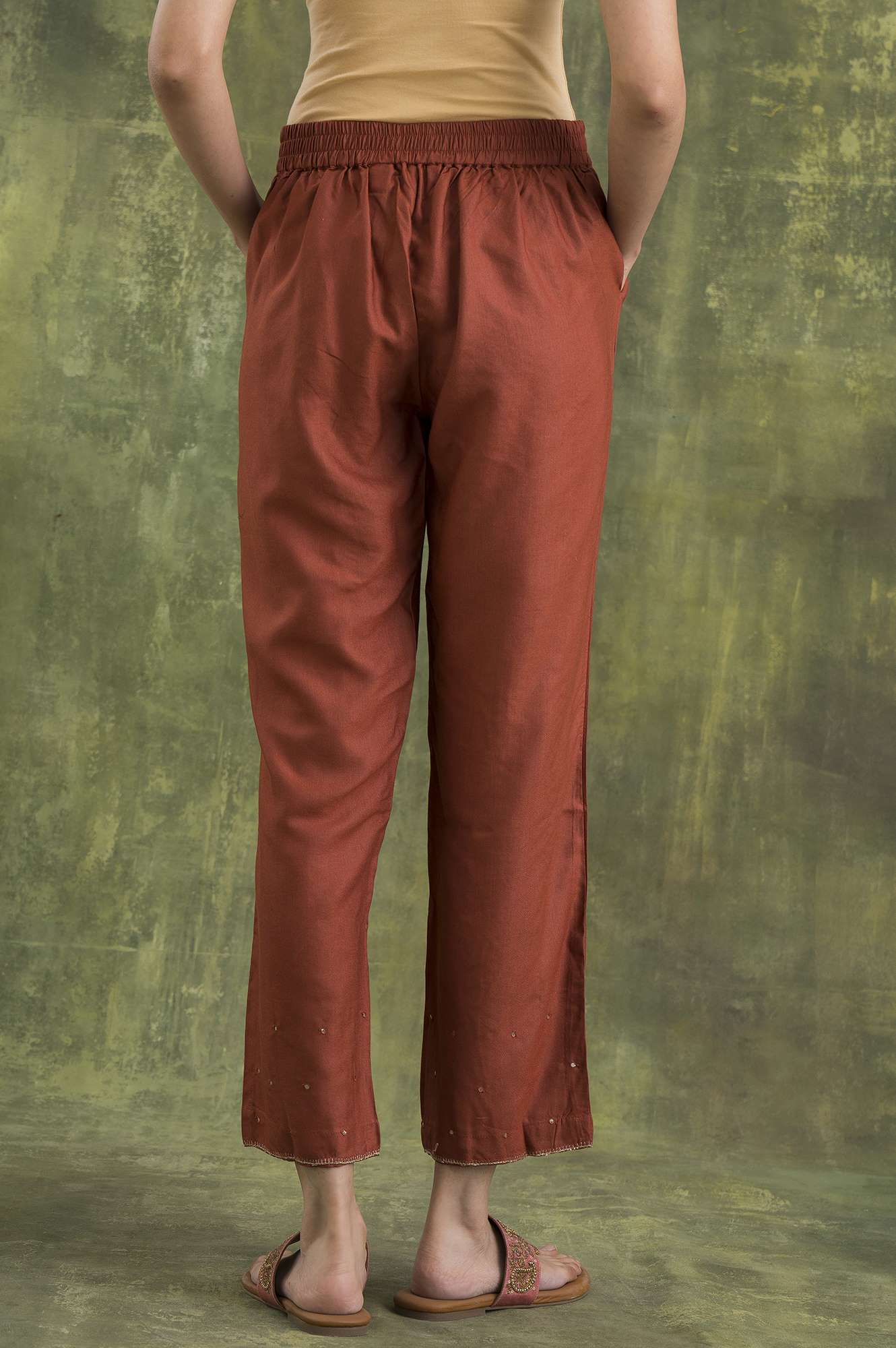 Red Solid Straight Pants