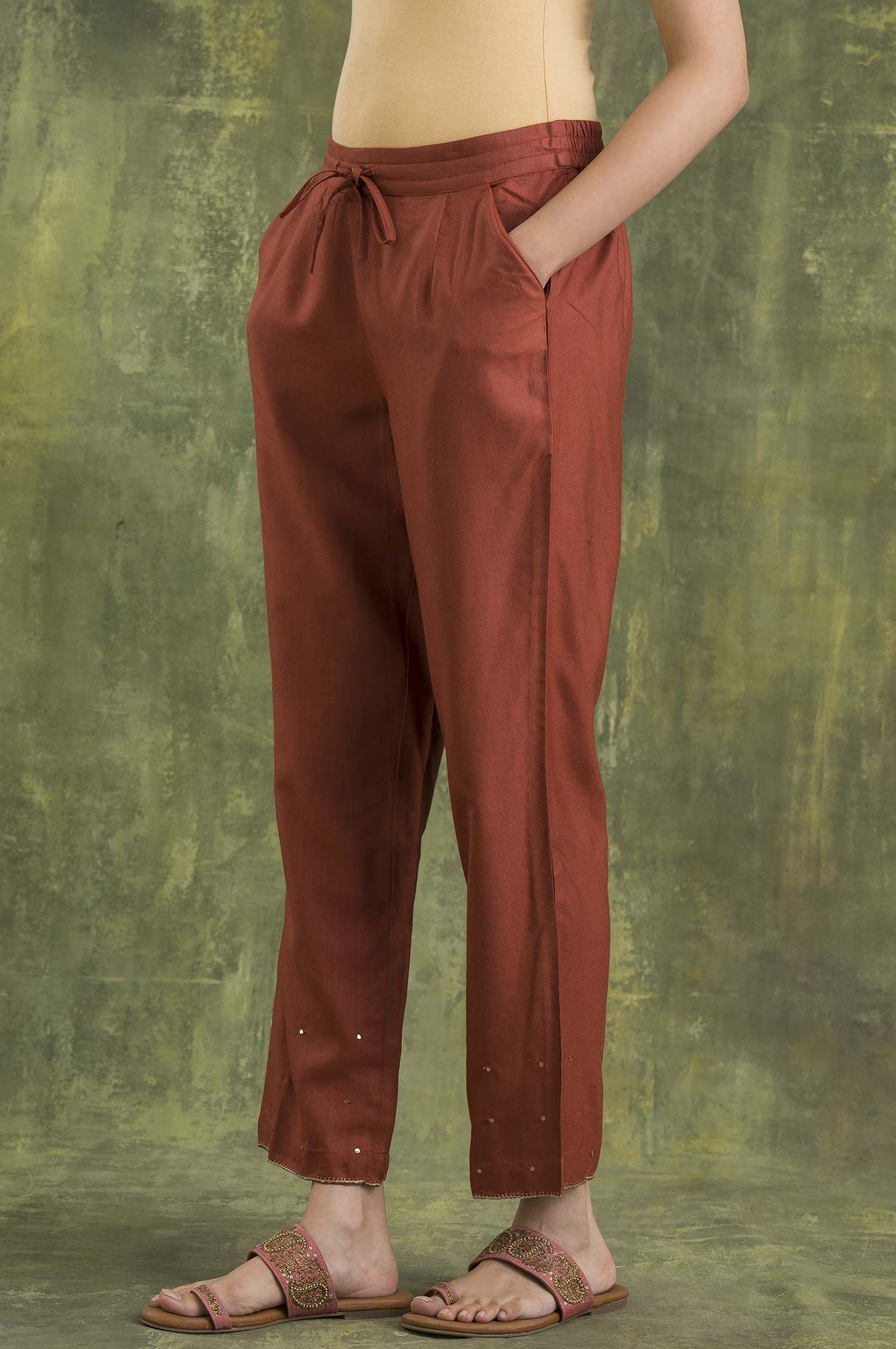 Red Solid Straight Pants