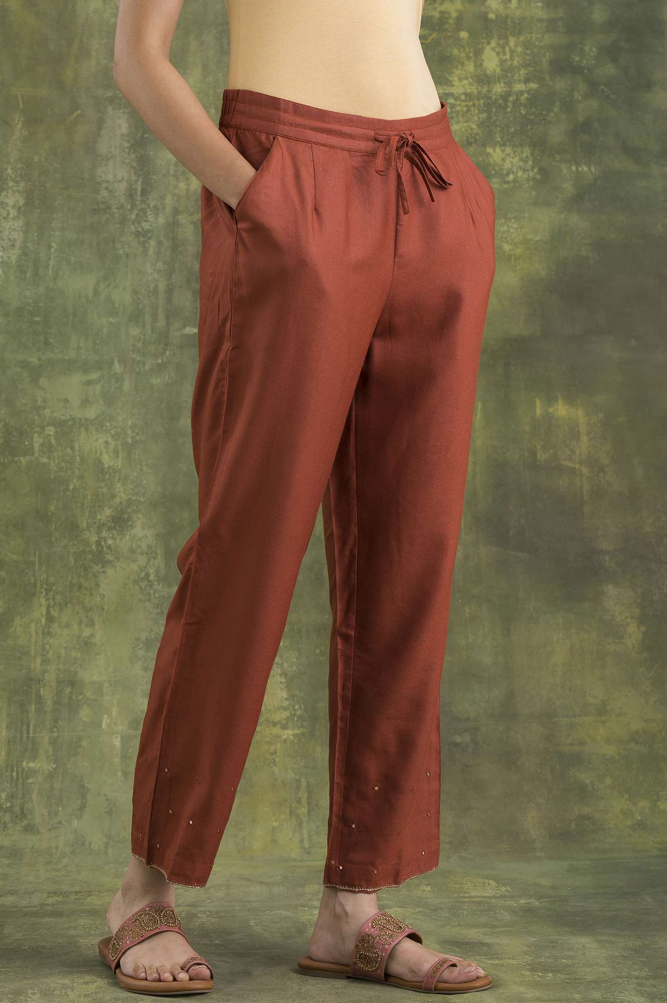 Red Solid Straight Pants