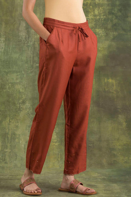 Red Solid Straight Pants