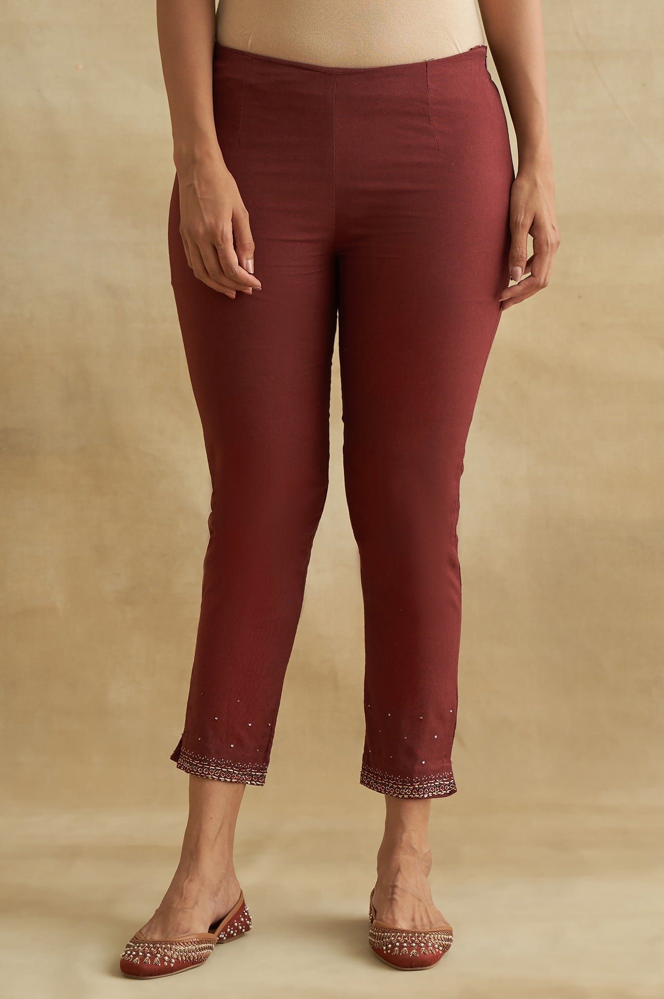 Dark Red Solid Slim Pants