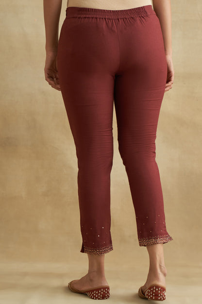 Dark Red Solid Slim Pants