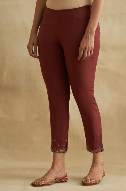 Dark Red Solid Slim Pants