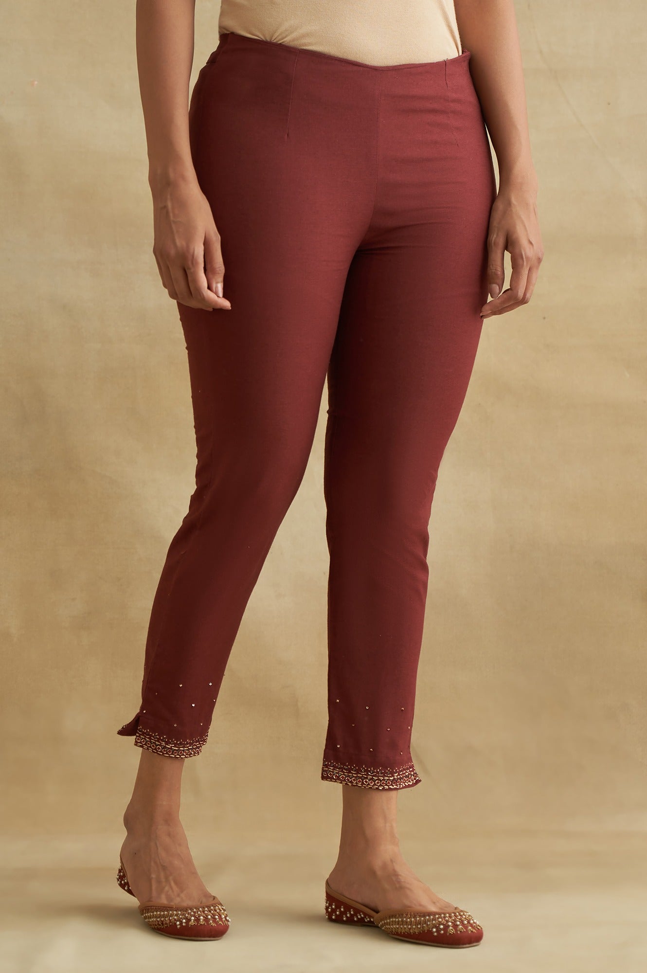 Dark Red Solid Slim Pants