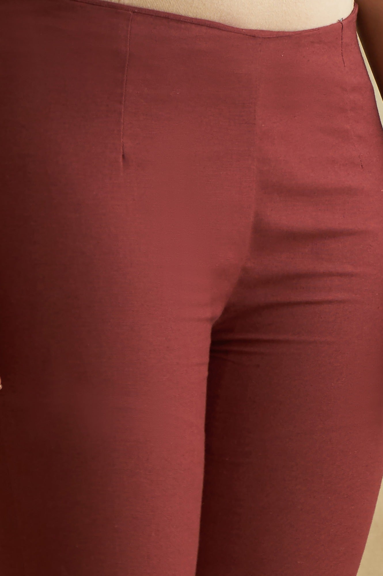 Dark Red Solid Slim Pants