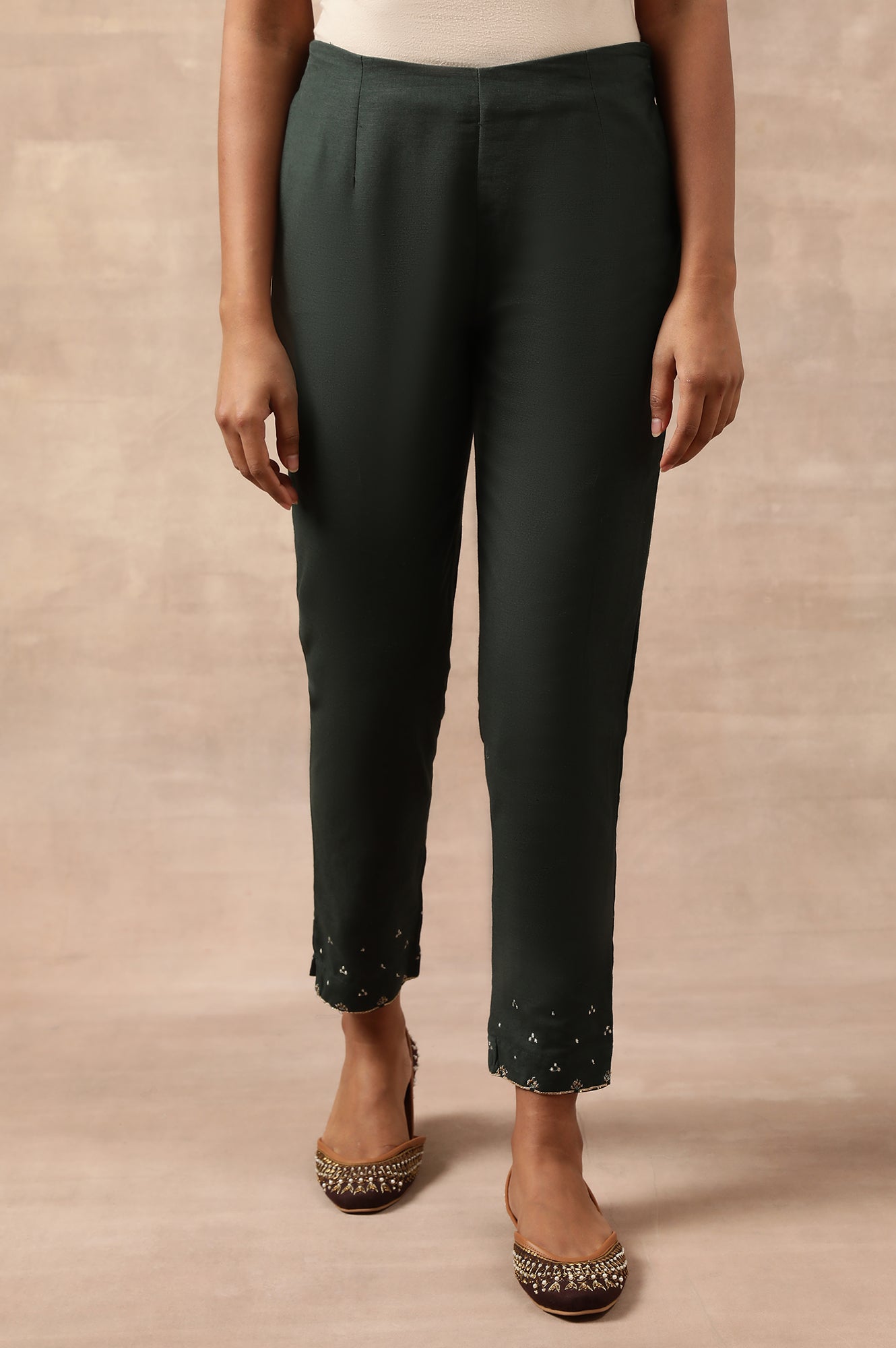 Dark Green Solid Slim Pants