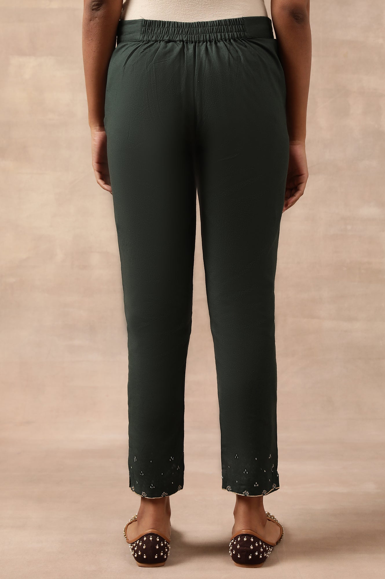 Dark Green Solid Slim Pants