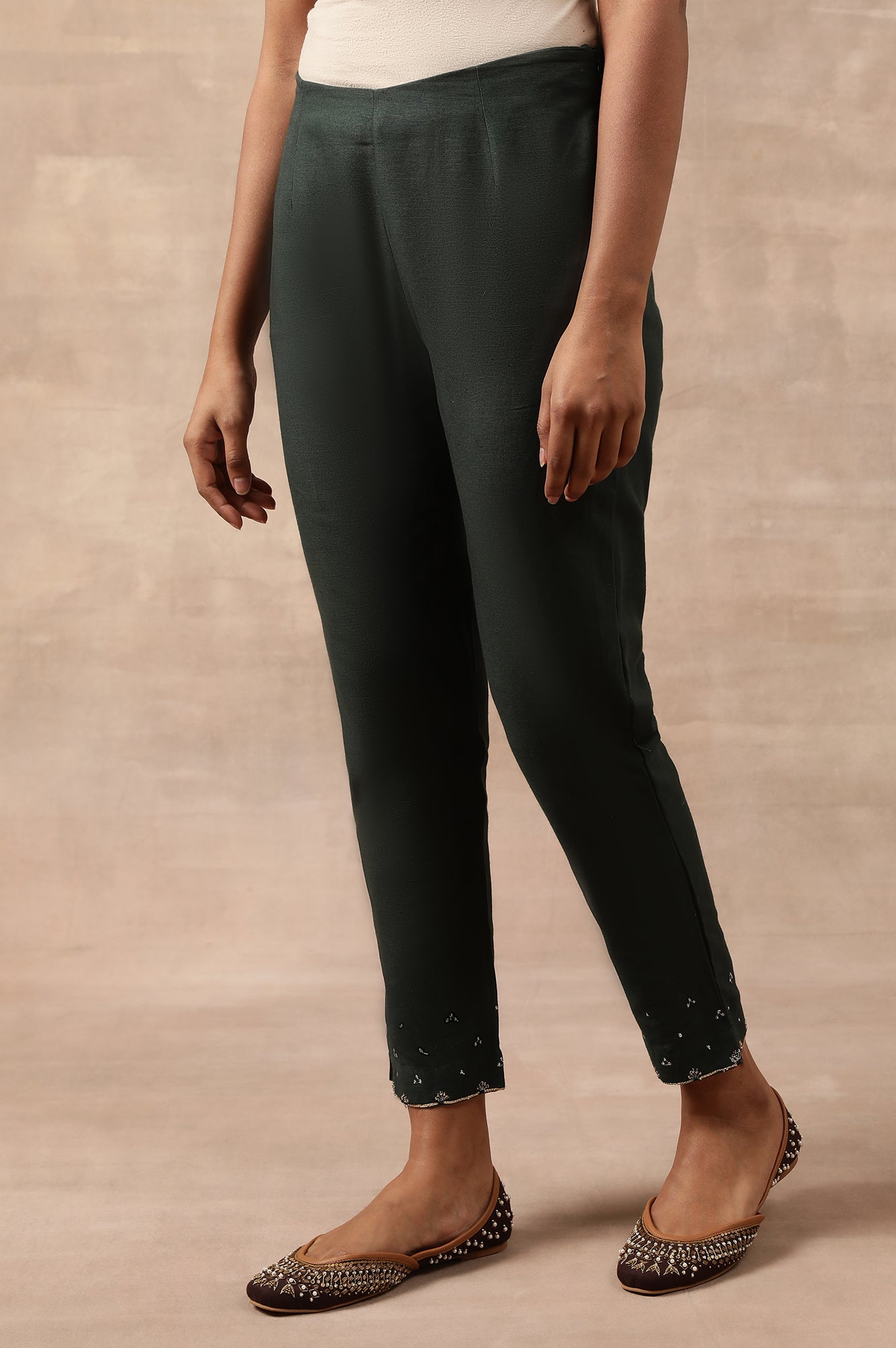 Dark Green Solid Slim Pants