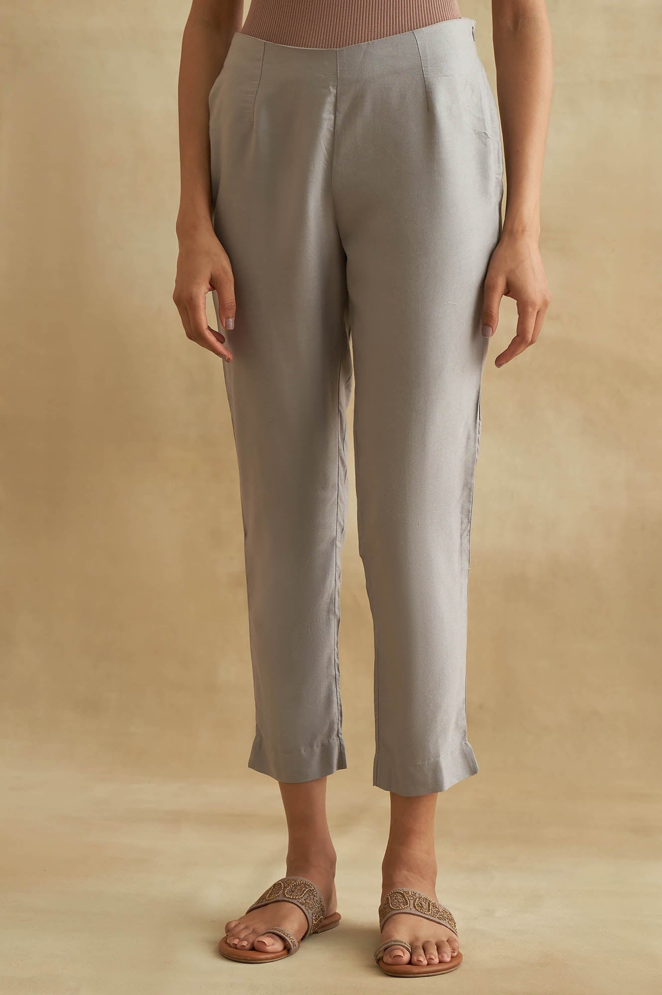 Light Grey Solid Slim Pants