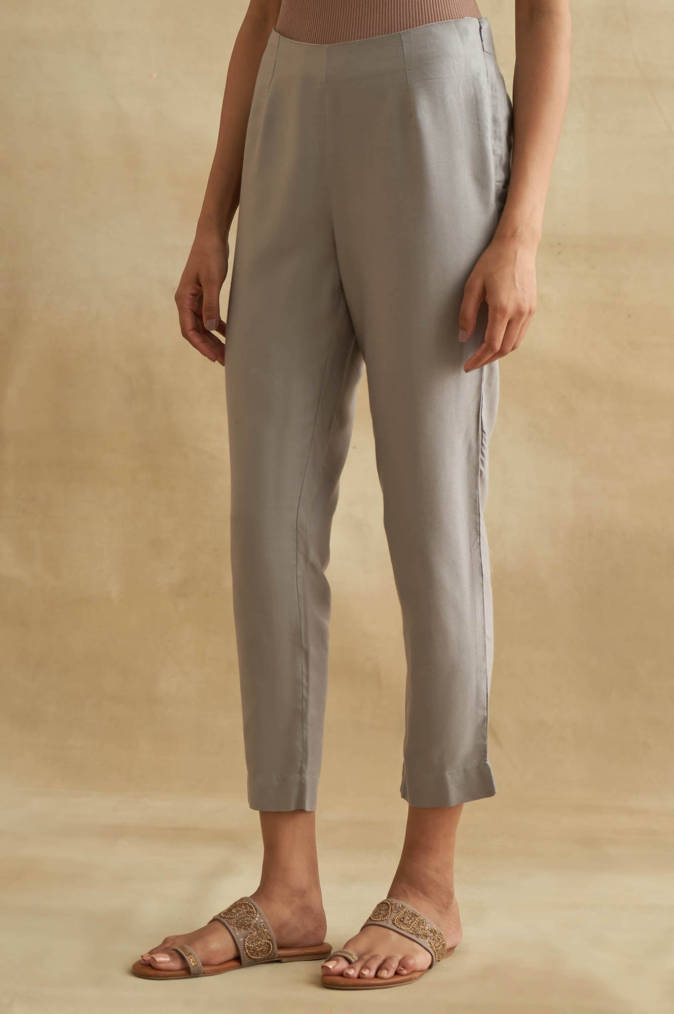 Light Grey Solid Slim Pants