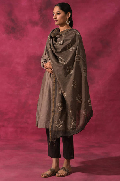 Light Brown Cotton Silk Printed Drape - wforwoman