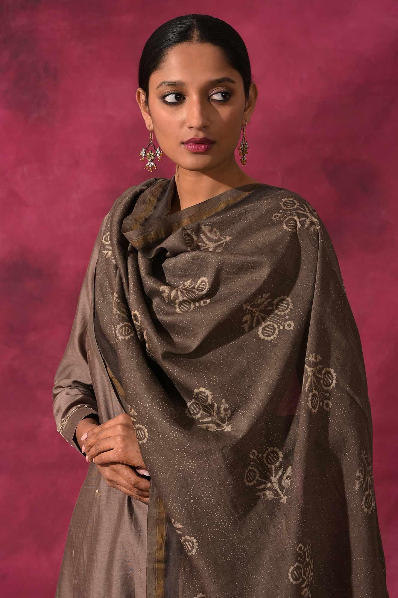 Light Brown Cotton Silk Printed Drape - wforwoman