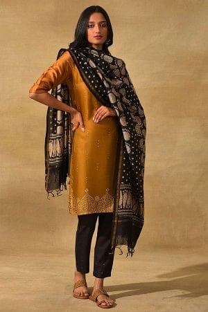 Black And Ecru Printed Cotton Silk Drape