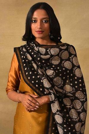 Black And Ecru Printed Cotton Silk Drape - wforwoman