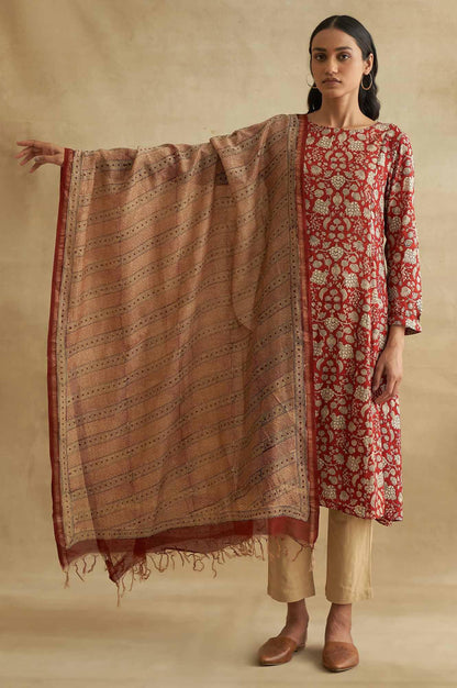 Beige Printed Cotton Silk Drape - wforwoman