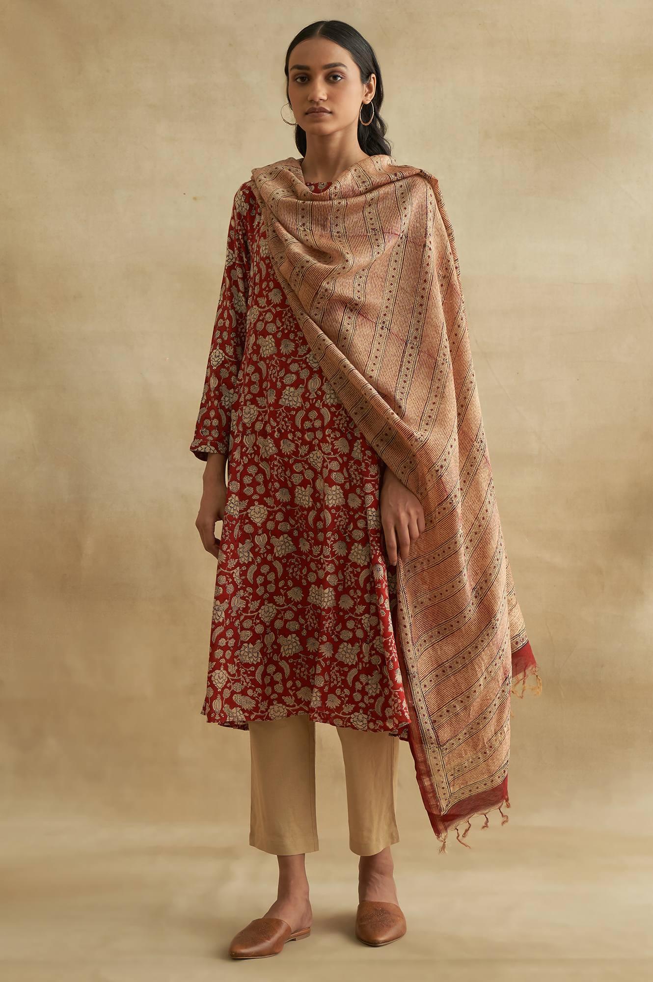 Beige Printed Cotton Silk Drape - wforwoman