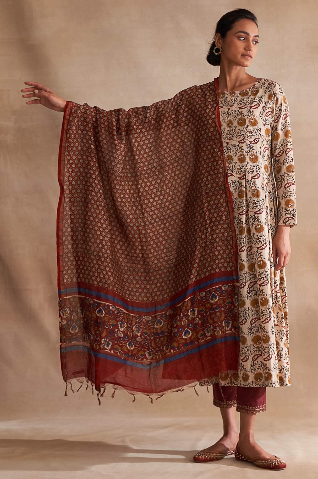 Folksong By W Red Printed Cotton Silk Drape - wforwoman