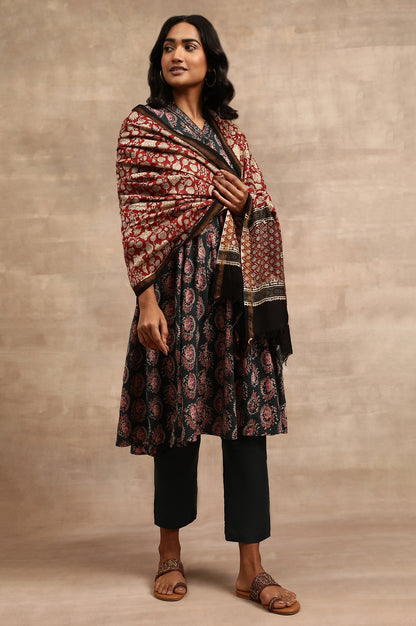 Dark Red Printed Cotton Silk Drape