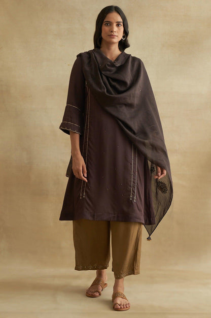 Dark Brown Cotton Silk Embroidered Drape - wforwoman