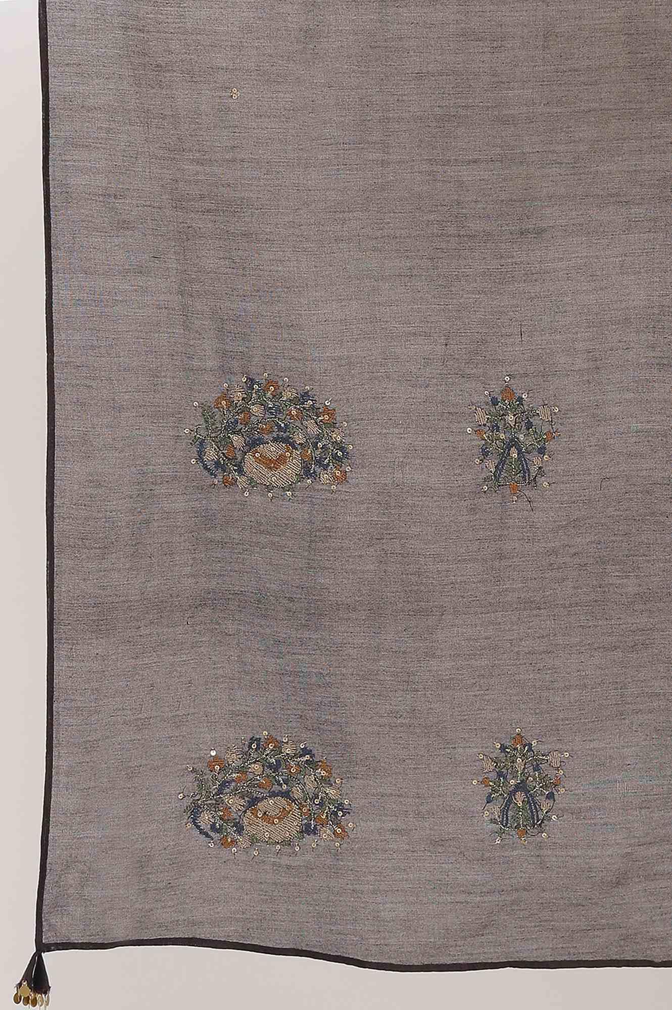 Dark Brown Cotton Silk Embroidered Drape - wforwoman