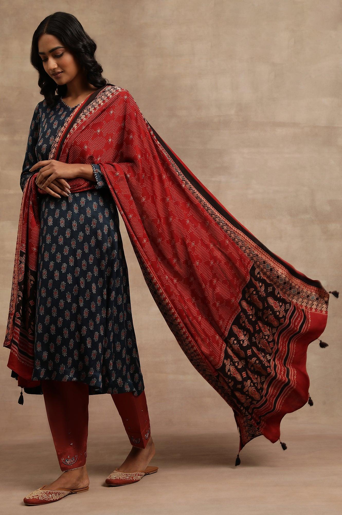 Red Ajrakh Printed Drape - wforwoman