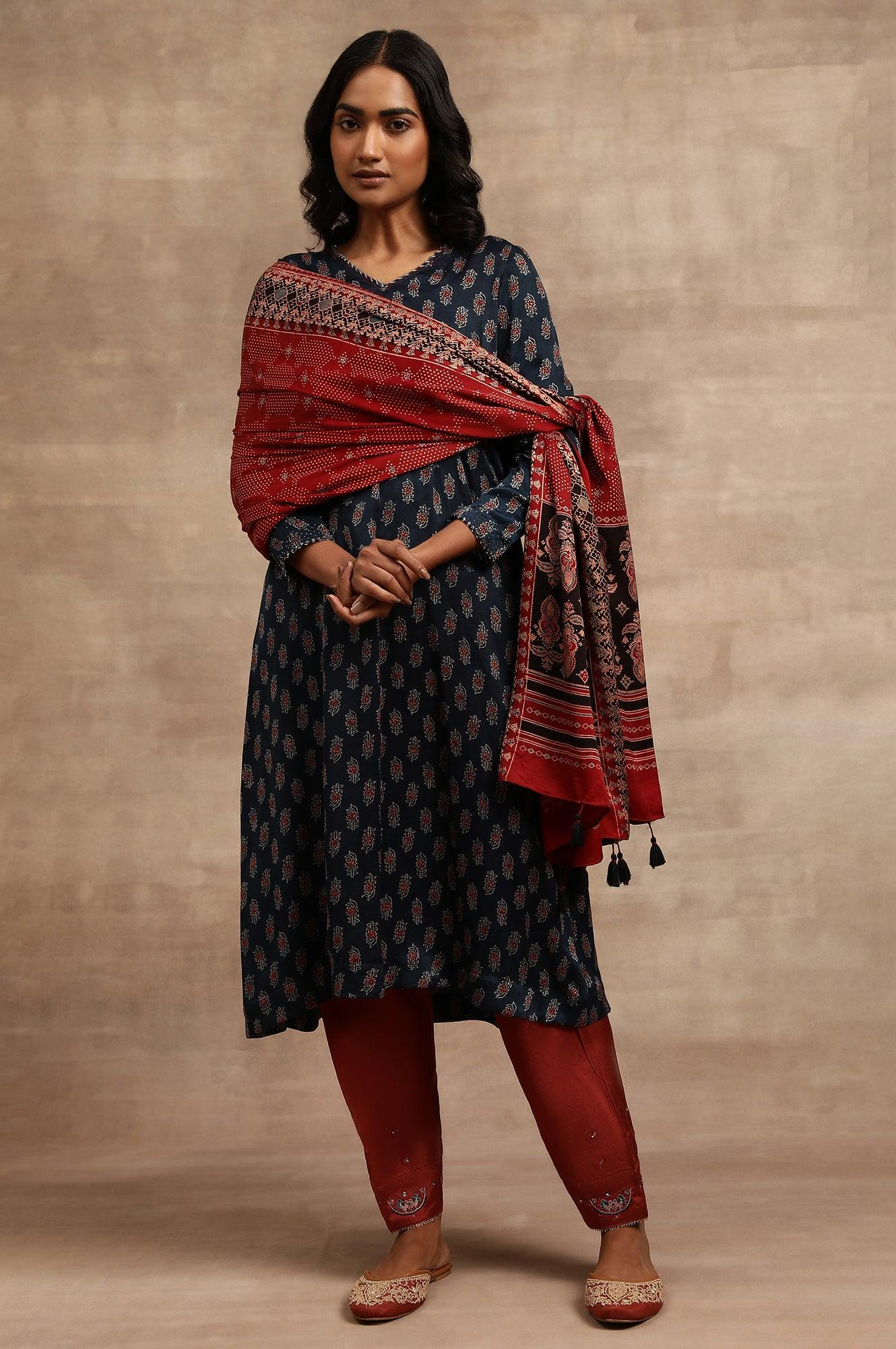 Red Ajrakh Printed Drape - wforwoman