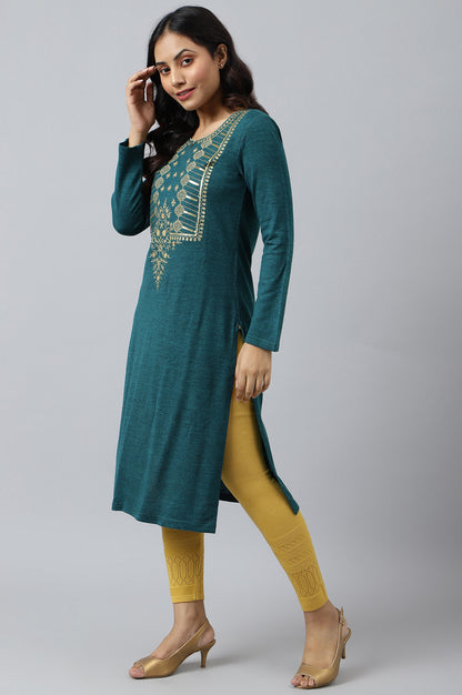 Teal Zari Embroidered Winter kurta