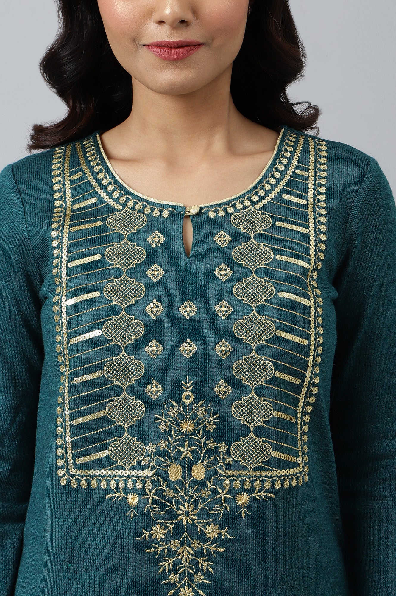 Teal Zari Embroidered Winter kurta