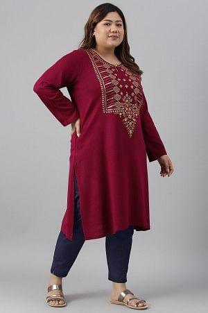 Pink Zari Embroidered Winter Plus Size kurta - wforwoman