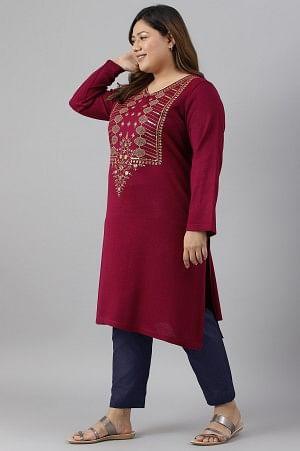Pink Zari Embroidered Winter Plus Size kurta - wforwoman