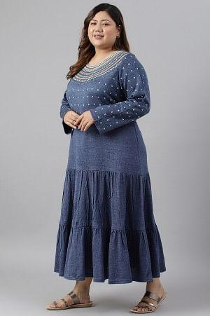Blue Tiered Winter Plus Size Dress - wforwoman