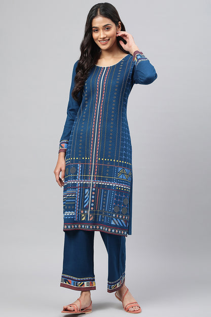 Indigo Ajrakh Print kurta In Lustrous Satin