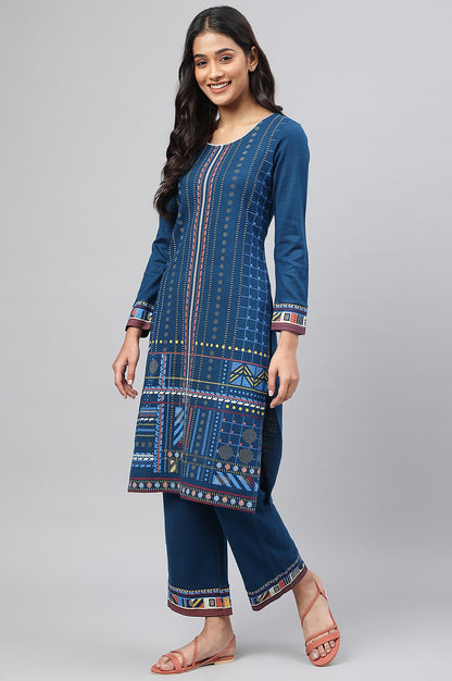 Indigo Ajrakh Print kurta In Lustrous Satin