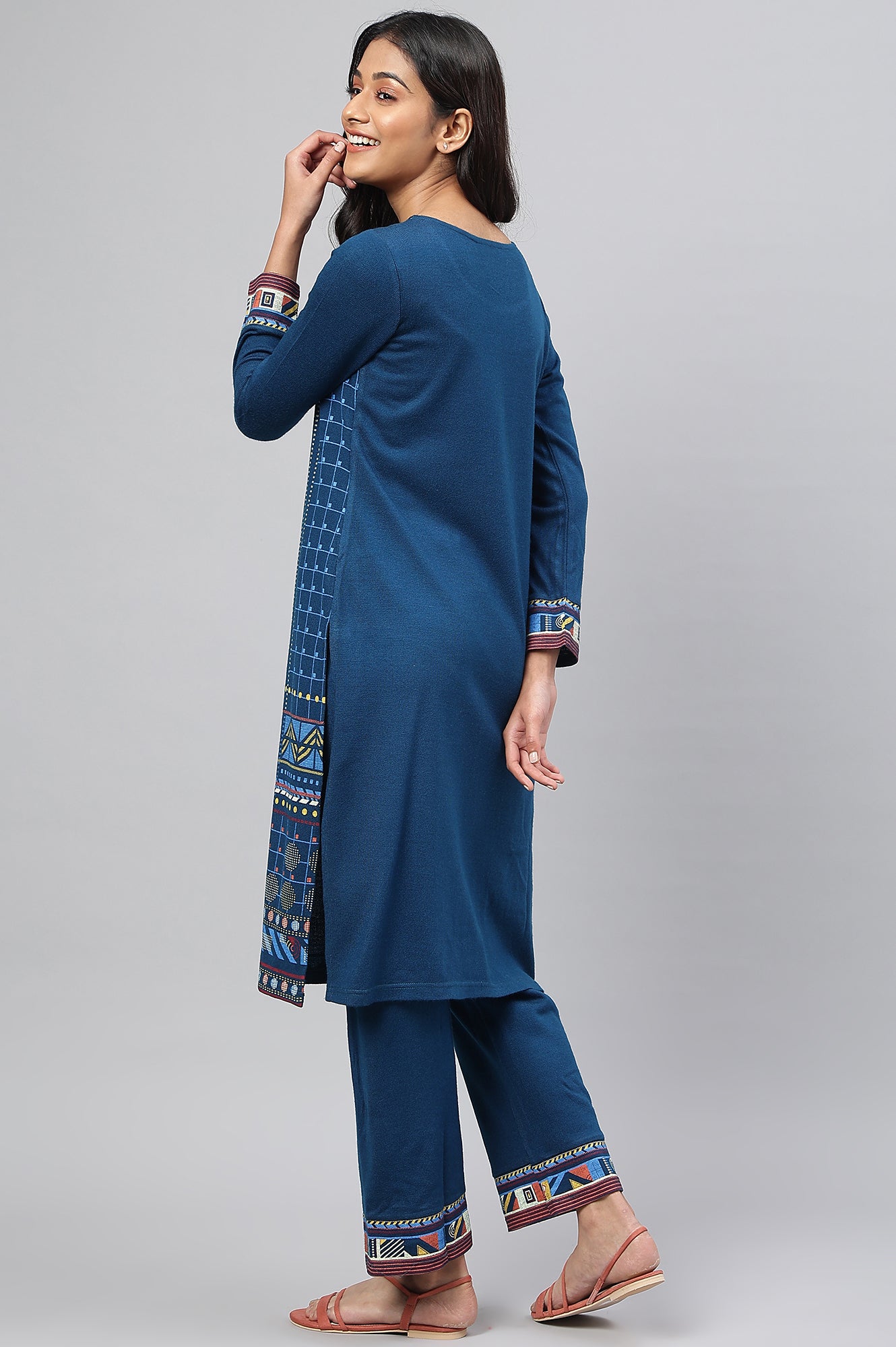 Indigo Ajrakh Print kurta In Lustrous Satin