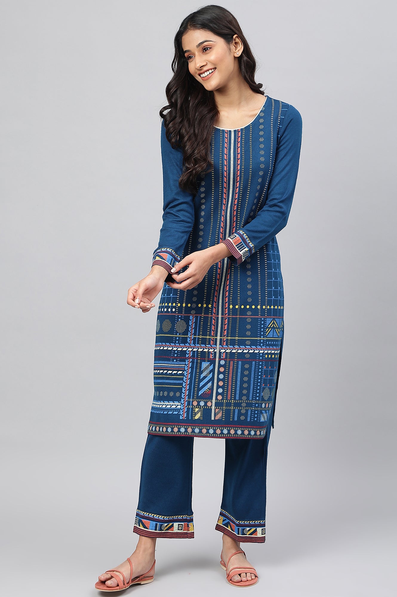 Indigo Ajrakh Print kurta In Lustrous Satin