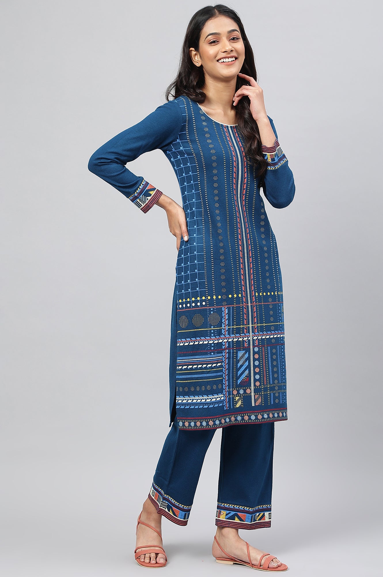 Indigo Ajrakh Print kurta In Lustrous Satin