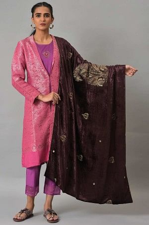 Buy Wine Velvet Embroidered Doshala Shawl Online for Woman | WforWoman