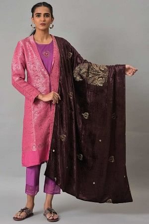 Wine Velvet Embroidered Doshala Shawl