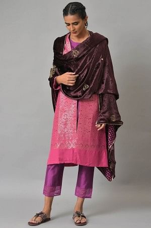 Wine Velvet Embroidered Doshala Shawl