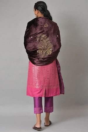 Wine Velvet Embroidered Doshala Shawl