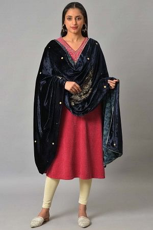 Navy Blue Embroidered Velvet Shawl