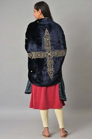 Navy Blue Embroidered Velvet Shawl