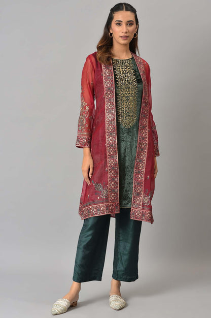 Red Organza Jacket With Green Mettalic Embroidered kurta And Pants - wforwoman