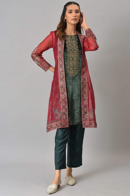 Red Organza Jacket With Green Mettalic Embroidered kurta And Pants - wforwoman