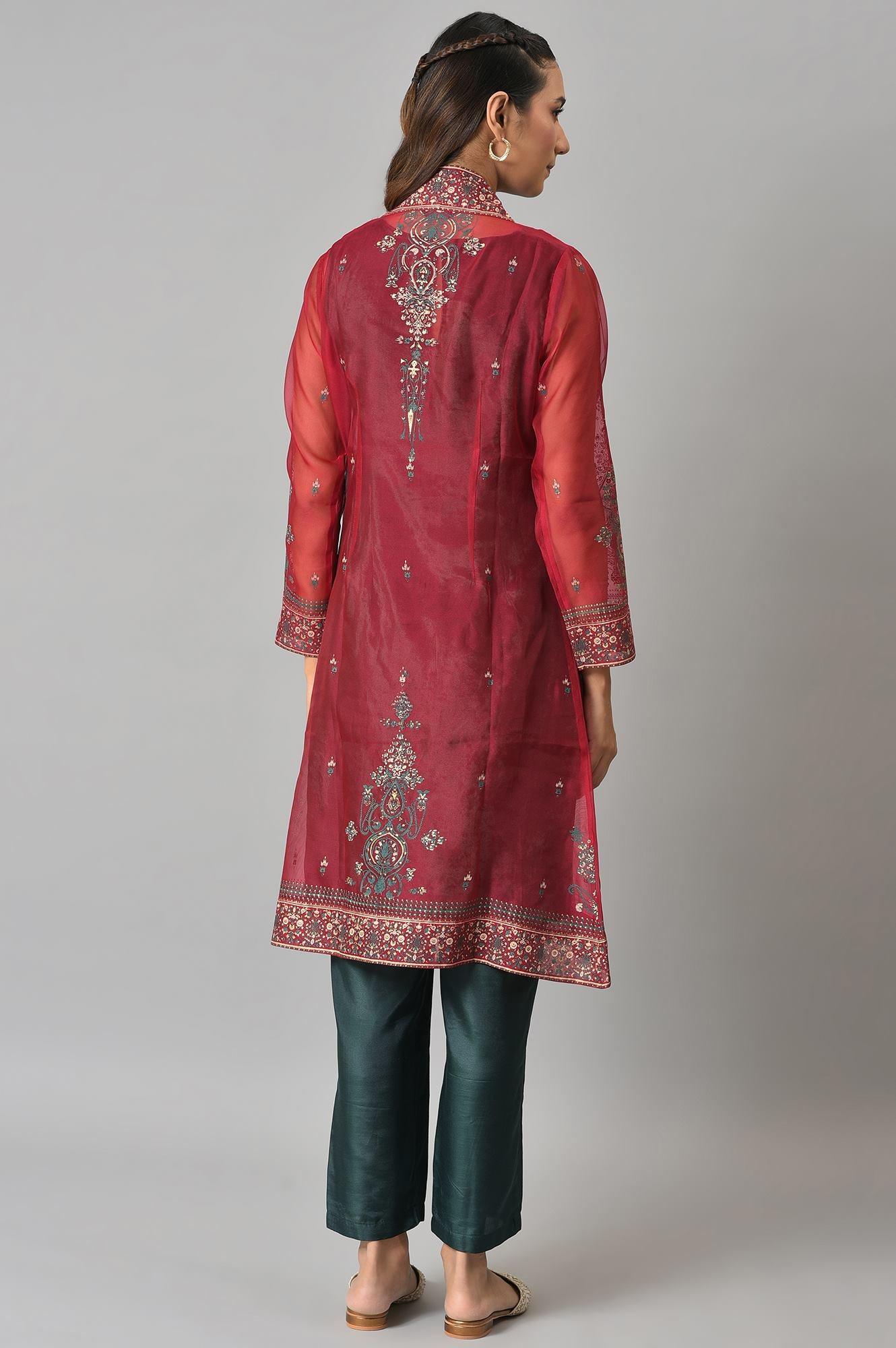 Red Organza Jacket With Green Mettalic Embroidered kurta And Pants - wforwoman