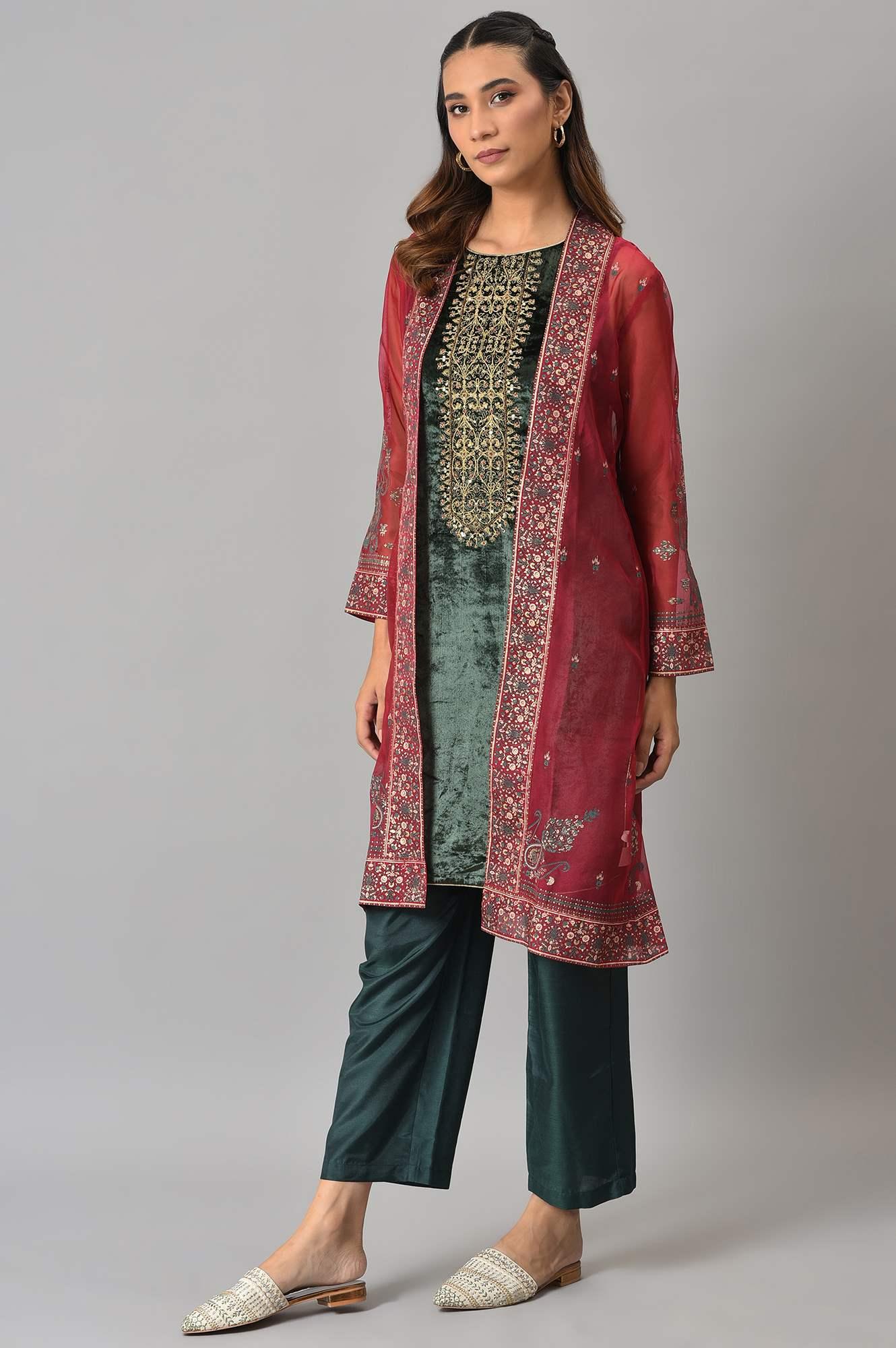 Red Organza Jacket With Green Mettalic Embroidered kurta And Pants - wforwoman