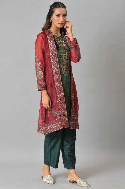 Red Organza Jacket With Green Mettalic Embroidered kurta And Pants - wforwoman