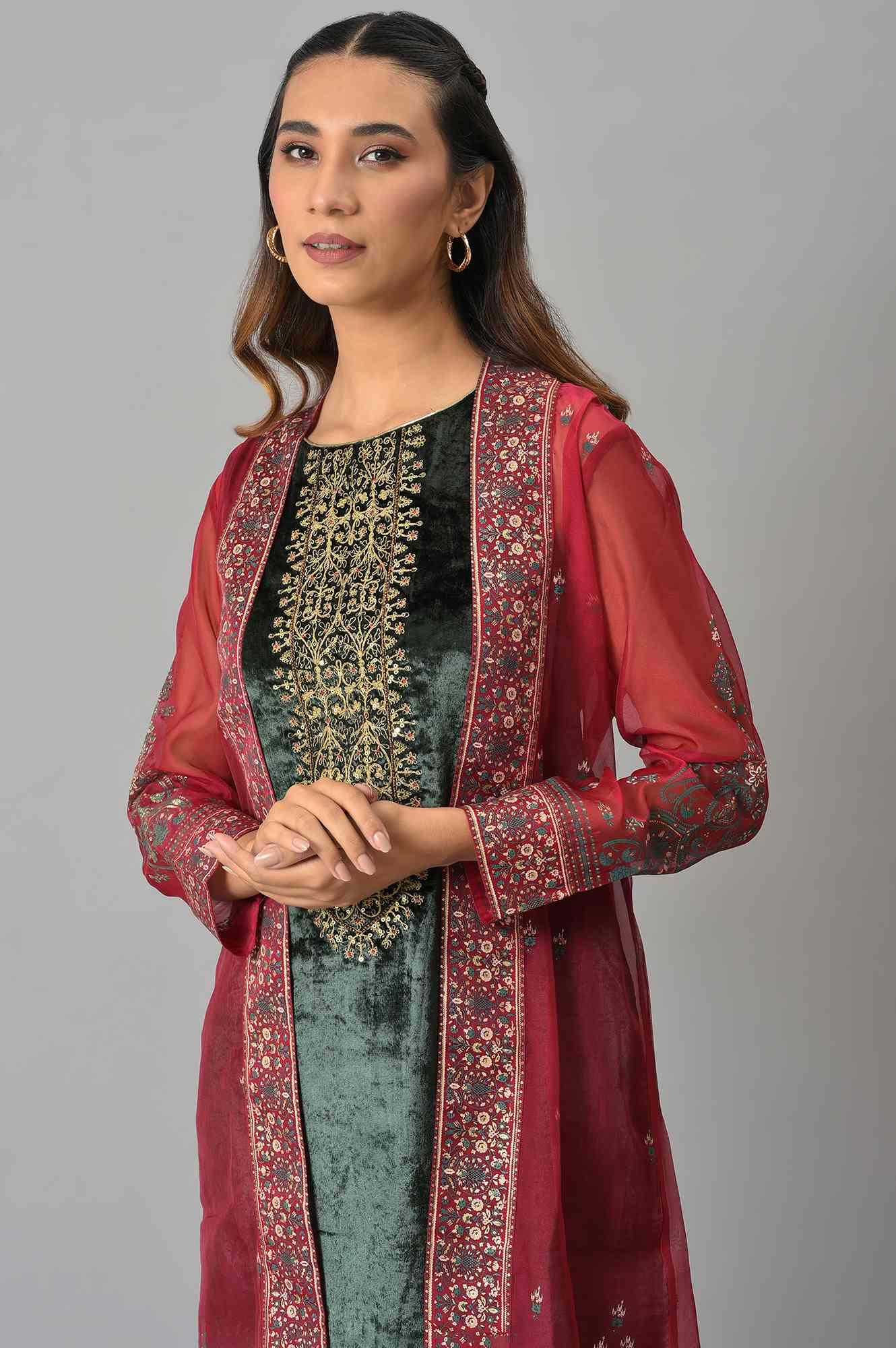 Red Organza Jacket With Green Mettalic Embroidered kurta And Pants - wforwoman