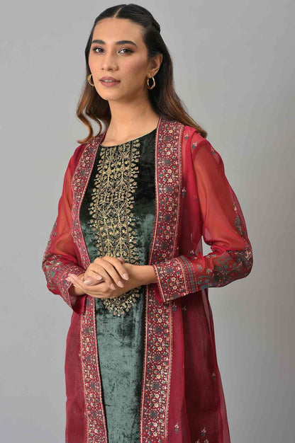 Red Organza Jacket With Green Mettalic Embroidered kurta And Pants - wforwoman
